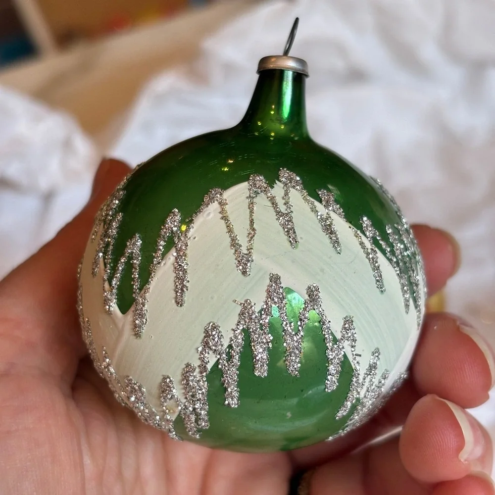 Vintage Multicolor Glass Ball Ornaments Silver Gold Glitter Zigzag Pattern 4pc